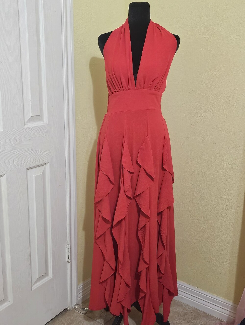 Red Halter Ruffle Maxi Dress - Women's Sleeveless Evening Dress
